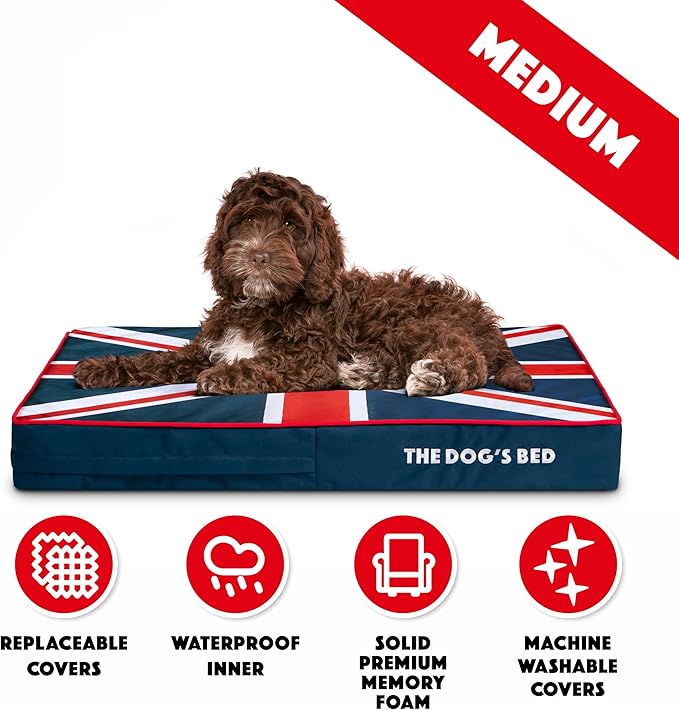 The Dog’s Bed Orthopedic Memory Foam Dog Bed, Medium Blue & Red Trim UK Center Flag, Pain Relief for Arthritis, Hip & Elbow Dysplasia, Post Surgery Supportive, Waterproof Washable, Veterinary Approved