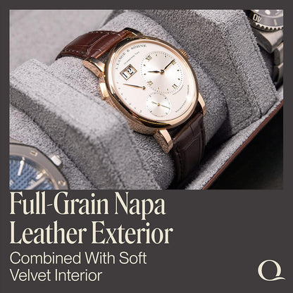 QWATCHBANDS Napa Leather Watch Rolls for Men - Hexagon Triple Watch Roll Travel Case for 3 Watches - Storage Organizer Genuine Leather with Velvet Interior Display (Brown/Gray)