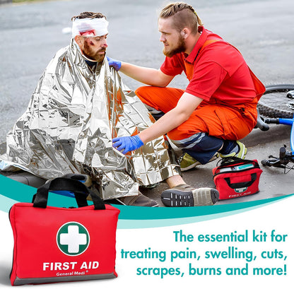 General Medi First Aid Kit -309 Pieces- Reflective Bag Design - Including Bandages, Moleskin Pad and Emergency Blanket for Travel, Home, Office, Car, Camping, Workplace