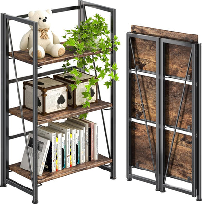 4NM No Assembly Folding Bookshelf Storage Shelves 3 Tiers Vintage Bookcase Standing Racks Study Organizer Home Office (Rustic Brown Black)