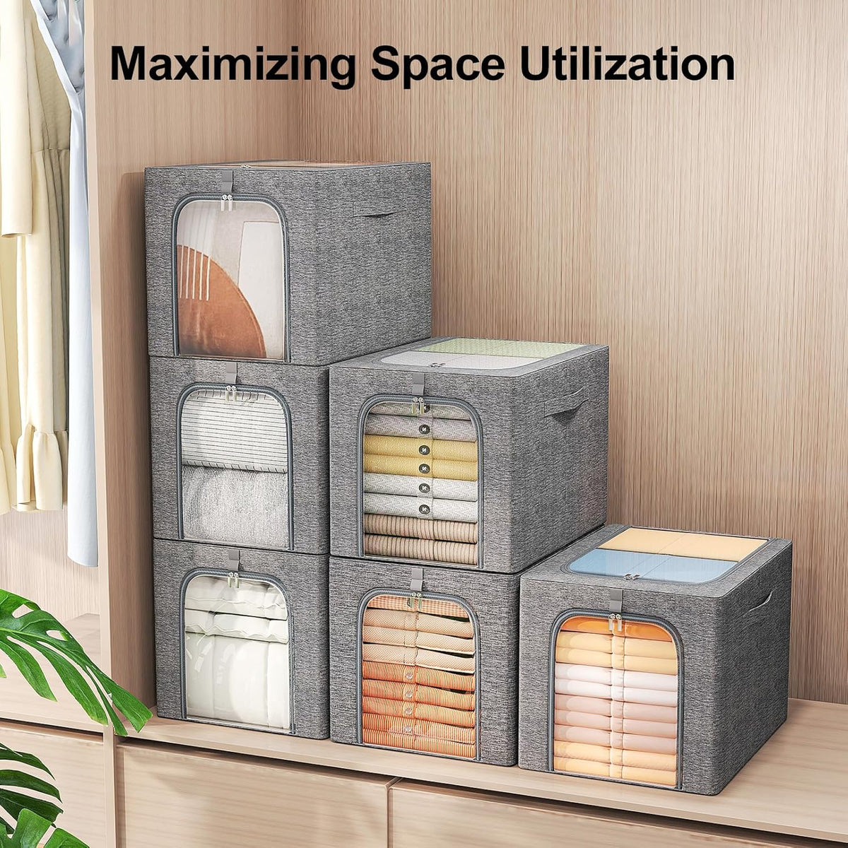 GoMaihe Clothes Storage Bin with Metal Frame: 6-Pack Stackable Closet Storage Bin with Lid & Clear Window, Sweater Boxes Storage for Closet Bedding Clothing Storage Organizer 40L