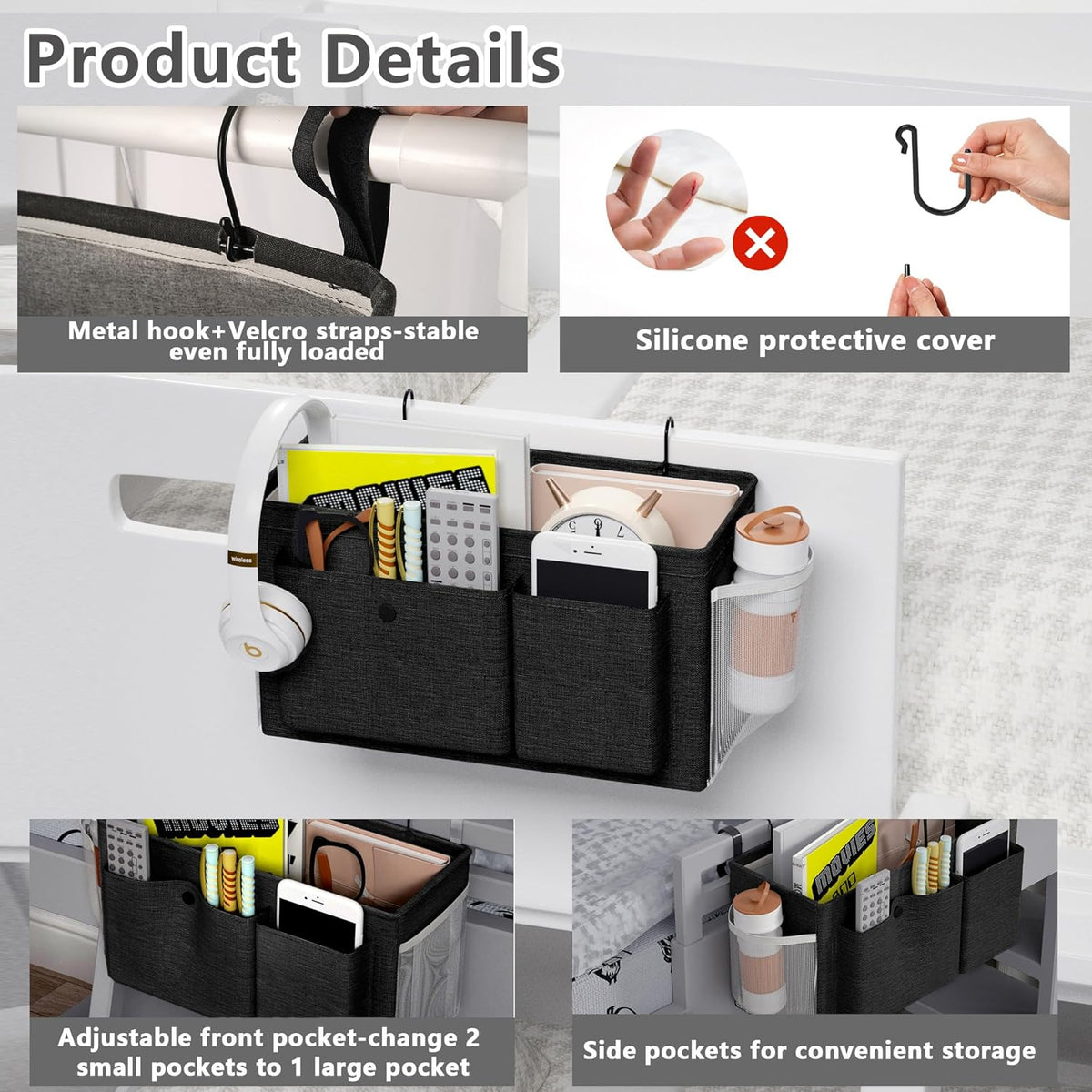 Bedside Caddy Bedside Organizer with Fixed Straps & Water Bottle Holder, Bunk Bed Caddy ideal for Home, Dorm, Hospital, Crib, Versatile Bedside Storage Solution (Black)
