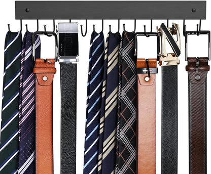 Belt Hanger Wall Mounted, Wooden Belt Organizer Max 12 Storage Capacity, 180° Rotating Space Saving Hangers for Ties, Tank Tops, Scarves, Bras, Keys, Bags 1 Pcs Black