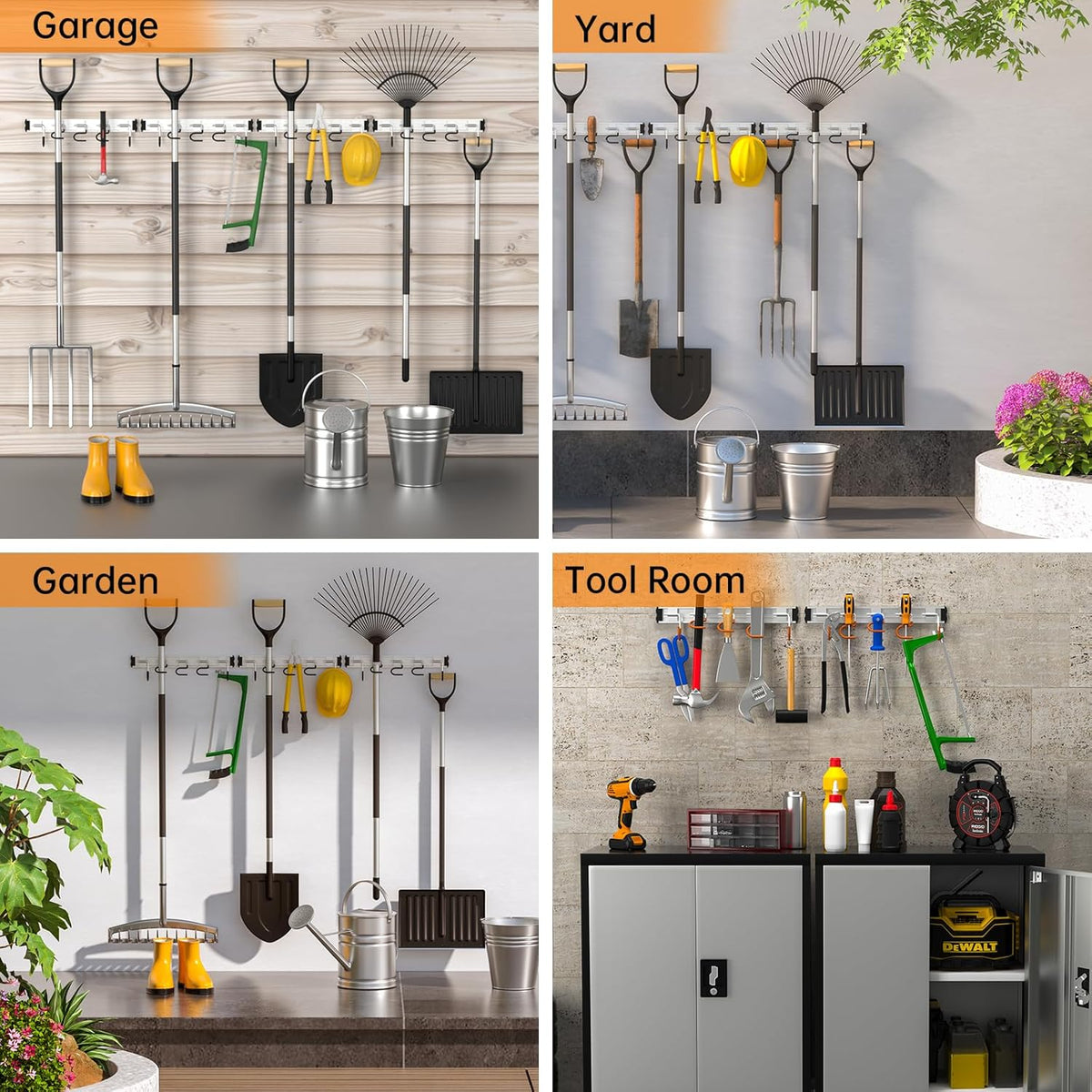 69'' Aluminum Alloy Garage Tool Organizer Hooks,Broom Holder Wall Mount, Adjustable Garden Wall Mount Holder for Hanging Shovel Broom Rake Bulk Items and More