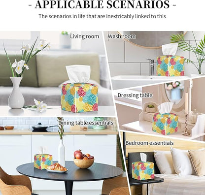 POIUBLE Chrysanthemum Flower Tissue Box Cover Leather Tissue Box Holder Square Facial Paper Organizer Dispenser for Bathroom Kitchen Bedroom Vanity Countertop Night Stands