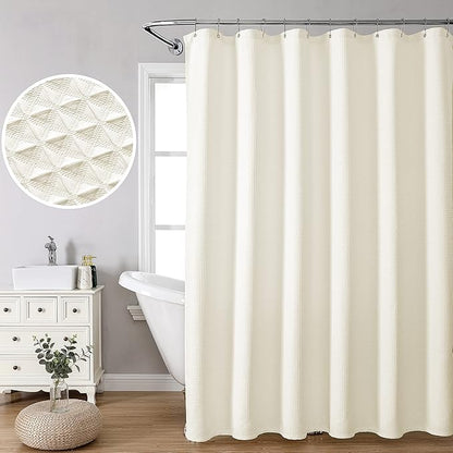 MISS SELECTEX Machine Washable Cloth Shower Curtain, Matt Waffle Durable Thick Cloth Shower Curtain for Bathroom,Premium Water Repellent Fabric Luxury Spa Hotel Shower Curtain(72Wx78H,Ecru/Beige)