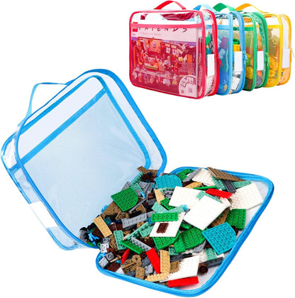 4 Pack Toy Storage Organizer Bag for Lego Bricks, Clear PVC Zippered Blocks Set with Manual Pocket& Name Tag, Waterproof Toy Carrying Case for Board Games& Building Blocks (Large, Colorful)