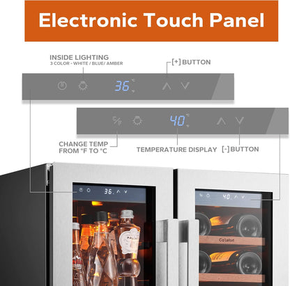 Ca'Lefort 24 Inch Wine and Beverage Refrigerator - 60 Can and 20 Bottle Wine Fridge Dual Zone 36-72°F, 3 LED Beverage Cooler Built in or Freestanding, Perfect for Home/Kitchen(4.10 cu.ft)