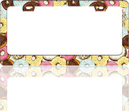 Colorful Donuts Cartoon License Plate Frame Stainless Steel 6.3 X 12.2 Inch | Fits US Standard With Screws Rust Resistant For Car Front Rear Decoration Accessories Easy Installation For Cars SUV Truck