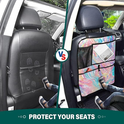 1 Pack Back Seat Car Organizer with Storage Pockets Kick Mats Back Seat Protector Hanging Car Organizer Automotive Seat Back Cover Organizers Pink Liquid Gradient