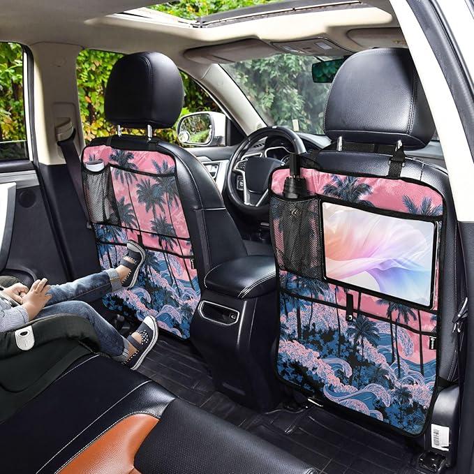 1 Pack Back Seat Car Organizer with Storage Pockets Kick Mats Back Seat Protector Hanging Car Organizer Automotive Seat Back Cover Organizers Palm Tree Wave Pink