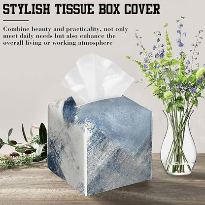 OHEGBXE Tissue Box Holder Blue and Grey Abstract Art Square Leather Tissue Box Cover Modern Cube Facial Paper Cover Case for Bathroom Vanity Countertop Night Stands Tabletop