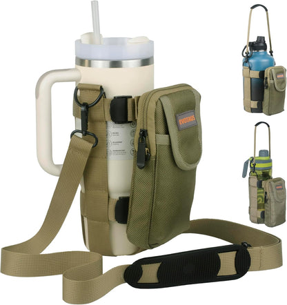 MOLLE Water Bottle bag - Bottle Holder Carrier Sling with Strap for Walking - Manual Strap Adjustment for Precise Fit of Most 18-64 oz Bottles (Check Size Fit Guide), Khaki