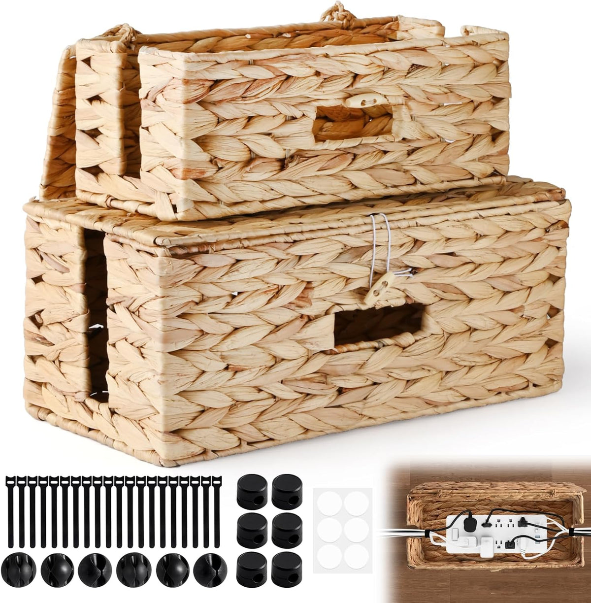 2 Pack Cable Management Box with Lid, Handwoven Water Hyacinth Cord Organizer, 4 Side Open Slots Cable Hider for Power Strips, Cords & Wires, Desk/Floor/Office Storage Box to Hide Electronics Clutter