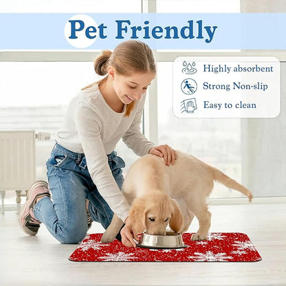 Chirtsmas Snow Flower Pet Food Mat for Cats and Dogs–Absorbent Quick Dry Feeding Placemat, Non Slip Rubber Base, Waterproof Bowl Mat for Indoor Use, Pet Supplies 16"x24"