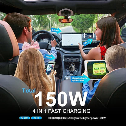 USB C Car Charger, 90W Cigarette Lighter Adapter Dual USB Fast Charging PD QC 3.0, 12V/24V Car Charger Socket Splitter with LED Voltmeter for Smart Phone GPS Dash Cam