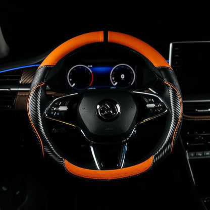Lord Autofashion Steering Wheel Cover – PU Leather, Non-Slip Rubber Inner, All-Season Comfort – 14.5–15 Inch (Black/Orange 7685)