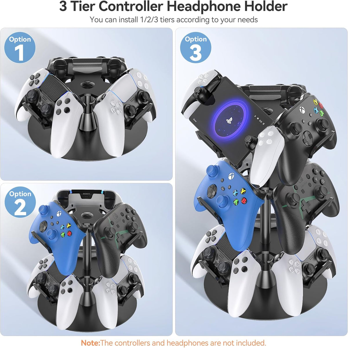 Headset Stand 3 Tiers for Desk, Rotatable Gaming Controller Stand for PS5/PS4/Xbox/Switch2/PS Portal/Phone, Universal PC Gamer Gift Accessory Controller/Headphone Holder for 9 Packs Controller