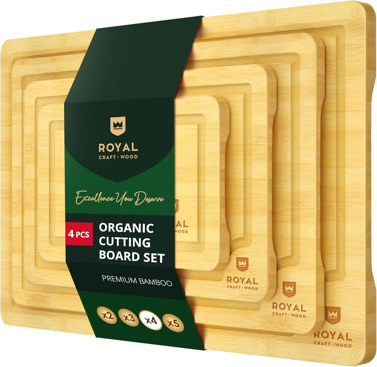 ROYAL CRAFT WOOD Wooden Cutting Boards for Kitchen Meal Prep & Cutting - Bamboo Wood Cutting Board Set with Deep Juice Groove Side Handles - Charcuterie & Chopping Butcher Block for Meat (4 Pcs)