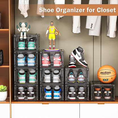 6 Pack Thicken Shoe Organizer Stackable,Upgraded Sturdy Shoe Storage Box with Magnetic Door,Shoe Containers For Sneaker Display,Hat Organizer,Black