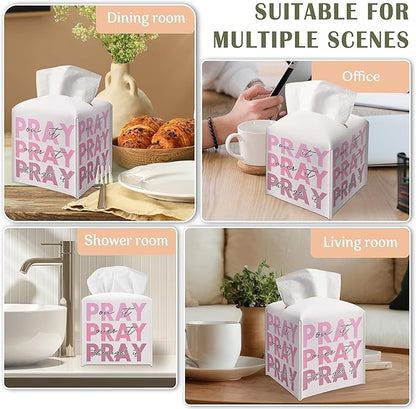 Pink Gifts Tissue Box Cover Square, Inspirational Gift Ideas for Friends, Pray Over It, Skeleton Desk Decor for Bathroom Office, Housewarming New Home Favor-(5.2 Inches)
