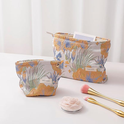 getgto 2 Pcs Makeup Bags, Large Cosmetic Bag Travel Toiletry Bag Organizer for Women, Embroidery Craft, Floral Makeup Bag Small Cosmetic Pouch Purse with Zipper Gifts for Girls Teen