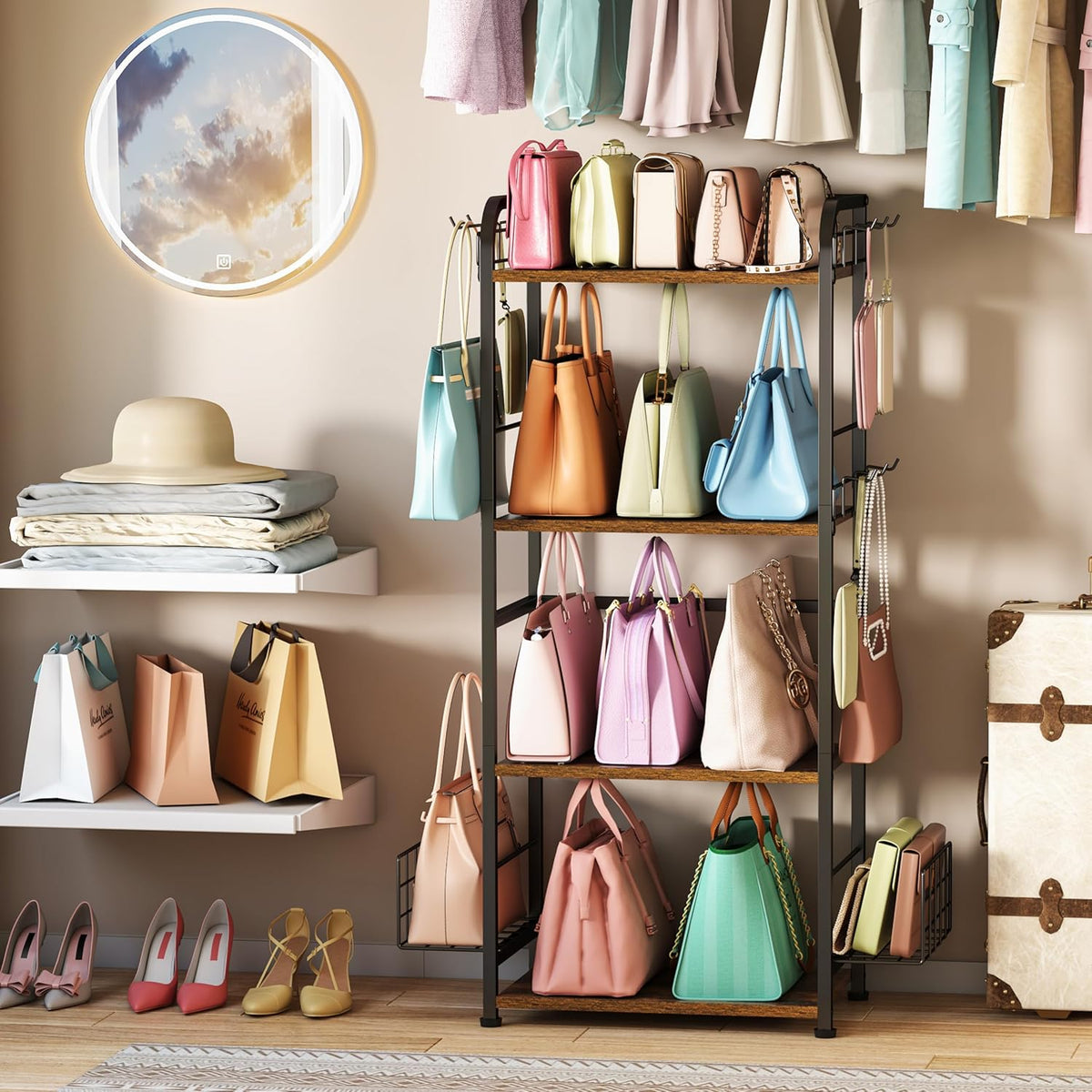 4-Tier Purse Organizer for Closet with 3 Side Hooks and 2 Baskets, High Capacity Purse Rack Stand for Purse Storage, Metal & Wood Handbag Holder for Handbag Organizer, Patent Pending