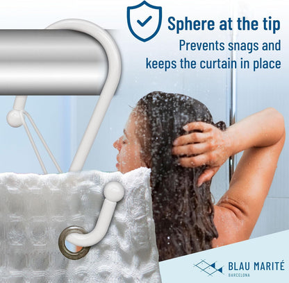 12 Decorative Metal Shower Curtain Hooks, S-Shaped Hooks with Anti-Fall System, Rust-Proof Shower Rings with Safety Buckle, Fits Rods Up to 1-Inch Diameter (S, White)