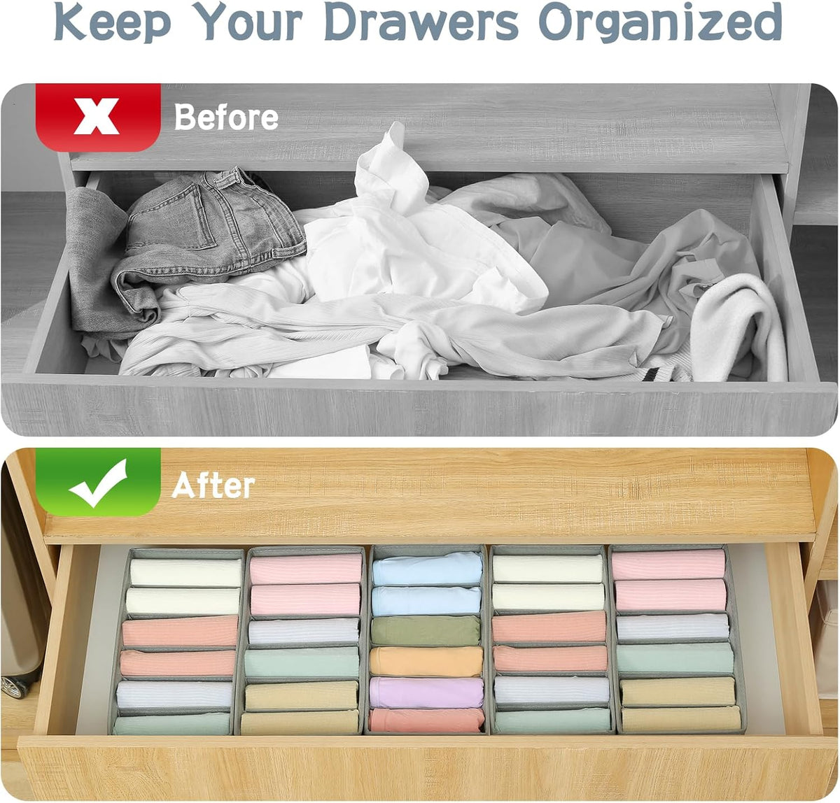 Qozary 3 Pack Sock Underwear Drawer Organizer Dividers, Non-Woven Fabric Collapsible Cabinet Closet Storage Boxes for Clothes, Socks, Lingerie, Underwear, Tie, Belt, Baby, Bedroom