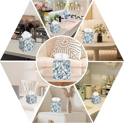 BLYKVGHQ Bird on Blooming Branches Tissue Box Cover Square, Blue Flower Tissue Box Holder with Bottom Belt Leather Facial Paper Organizer Dispenser for Bathroom Bedroom Dresser Night Stand Tabletop