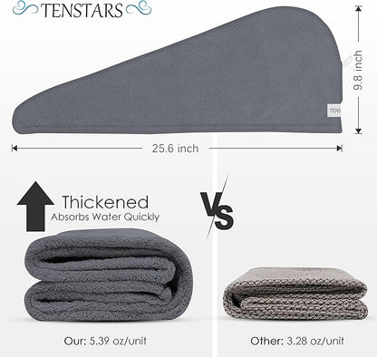 TENSTARS 5 Pack Thicken Microfiber Hair Towel Wrap for Women - Elastic Loop Design - 320GSM Coral Velvet - Quick Dry Hair Turban - 11x28 Inch (Dark Grey)