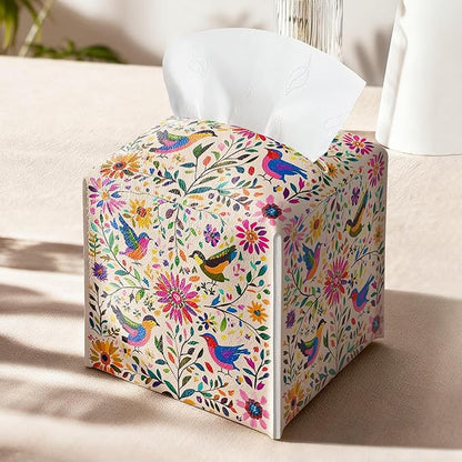 Floral Bird Tissue Box Holder, Scandinavian Leather Tissue Box Cover Square with Bottom Belt, Paper Napkins Everyday Dispenser for Bathroom Night Stands Kitchen Office Car Home Decor