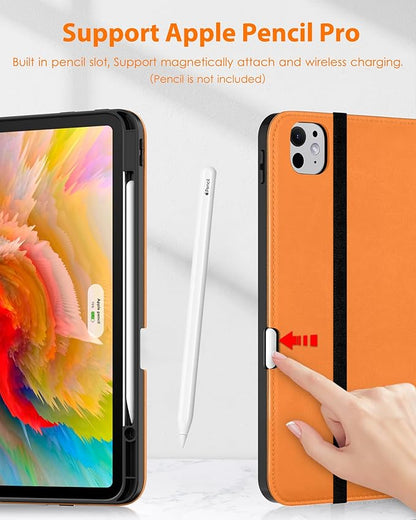 DTTO for iPad Pro 13 inch Case (M5/M4) 2025/2024, Premium Leather Business Folio Stand Cover with Pencil Holder - Auto Wake/Sleep & Multiple Viewing Angles, Built in Hand Strap & Pocket, Orange