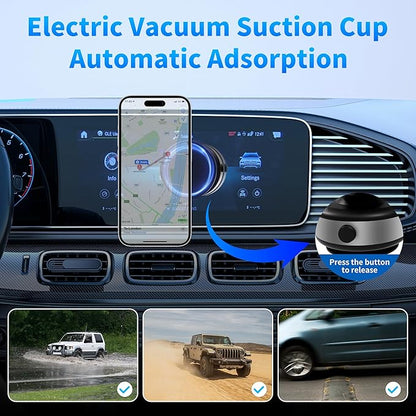 Electric Vacuum Magnetic Car Phone Holder, Automatic Suction, Effortless Release for Easy Storage, Suction Phone Mount Compatible with Magsafe iPhone and Android Case, Black