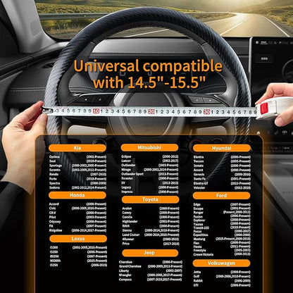 Carbon Fiber Steering Wheel Cover, Universal 15 Inch Snap On Car Steering Wheel Cover for Men/Women, Comfortable & Breathable Microfiber Car Accessories Interior (Black)
