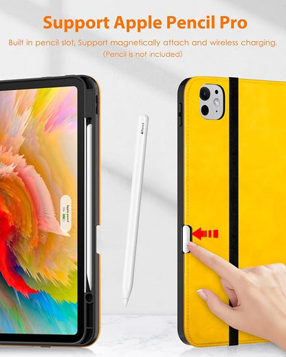 DTTO for iPad Pro 13 inch Case (M5/M4) 2025/2024, Premium Leather Business Folio Stand Cover with Pencil Holder - Auto Wake/Sleep & Multiple Viewing Angles, Built in Hand Strap & Pocket, Yellow