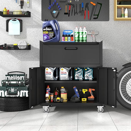 Metal Storage Cabinet with Wheels, Lockable Garage Storage Cabinet with 2 Doors