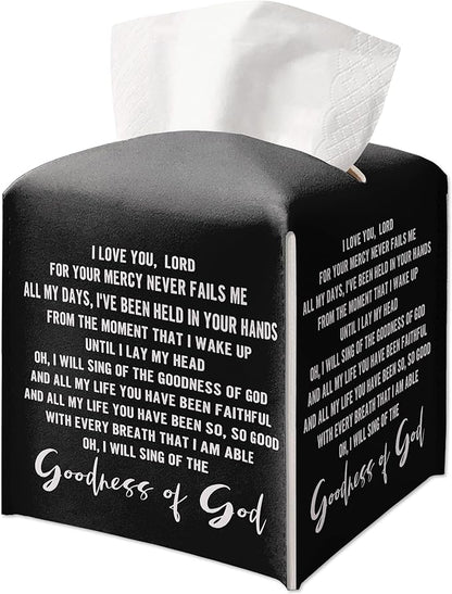 Christian Decorative Tissue Box Cover Square, Black Tissue Box Cover Leather, Inspirational Quote Gift Ideas for Family Friends, Goodness of God Decor for Bathroom Office-(5.2 Inches)