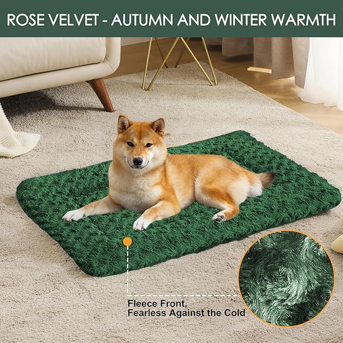 WITTOP Washable Dog Bed Plush Orthopedic Outdoor Crate Mat with Non-Slip Bottom,Luxe Soft Kennel Pad for Pets,Cozy Cage Cushion & Pet Sleeping Mattress Large Sized,Medium,Small Dogs,24 x 18 inch,Green