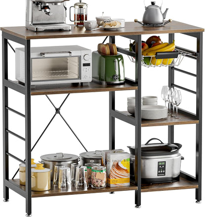 Baker’s Rack, Microwave Oven Stand with Bamboo Frame, 35.43" Coffee Bar with Wire Basket & 6 Hooks, 3-Tier Kitchen Storage Shelf Stand for Kitchen, Living Room, Office, Rustic Brown