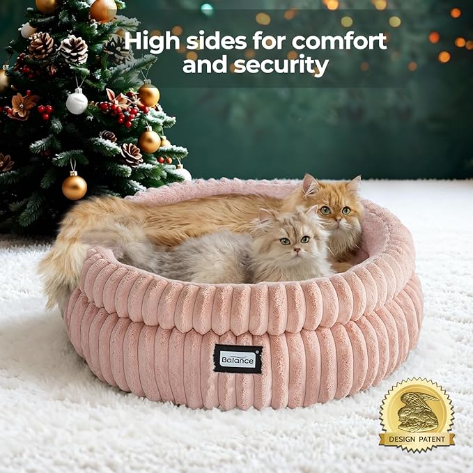 BALANCE Cat Bed Kitten Bed, Washable Round Cat Beds for Indoor Cats,Super Soft Plush Faux Fur Pet Bed for Puppy and Kitten with Anti-Slip Bottom