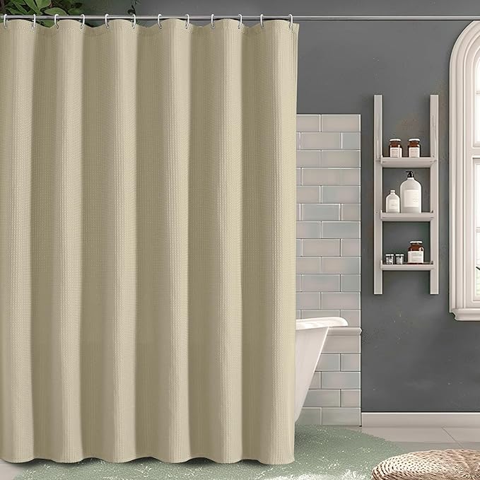 OVZME Long Fabric Shower Curtain Set, Waffle Textured Shower Curtain for Bathroom - Weight 230GSM Heavy Duty Hotel Spa Luxury Bath Curtain Set with 12 Plastic Hooks, 72Wx78L, Taupe