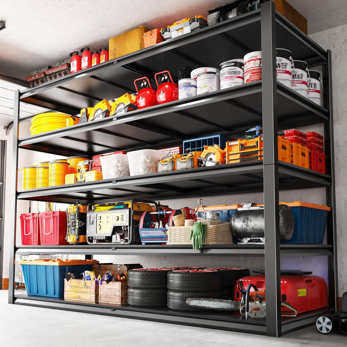 REIBII 78" H Garage Shelving, Storage Shelves Heavy Duty Load 3000LBS, Adjustable Heavy Duty Shelving, 5 Tier Metal Shelving Unit for Storage Rack, Basement, 55" W x 26" D x 78" H, Black