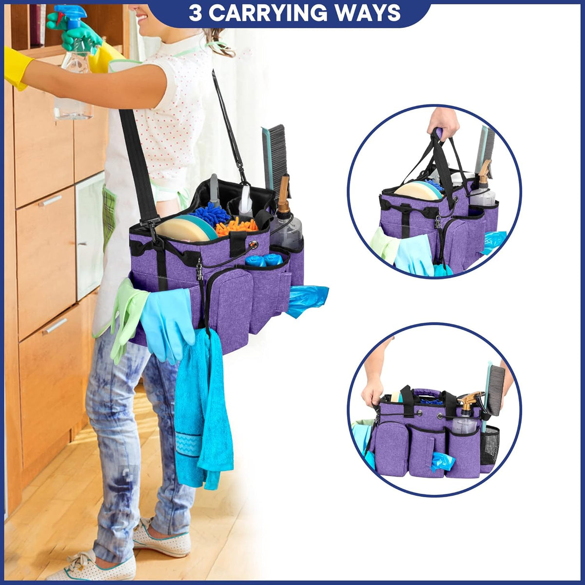 LoDrid Large Professional Cleaning Caddy with Detachable Divider, Supply Organizer with Handle and Shoulder Strap, Cleaning Bags for Housekeepers & Cleaners, Purple