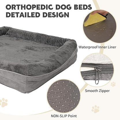Dog Bed Waterproof Medium/Large Sized XL Foam Pet Beds Removable Washable Cover Dog Sofa Egg Crate Foam Support with Zipper Bottom Bolster Deluxe Plush Mat (38.2x30.3x7.5in+Grey)