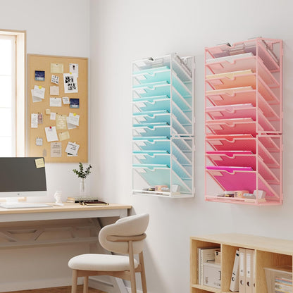 Lavatino 10-Tier Hanging Wall File Folders Organizer - Pink Metal Mesh Paper Magazine Document Mail Holder File Organizer for Office School Home Wall Mount or Desk Supplies Organization
