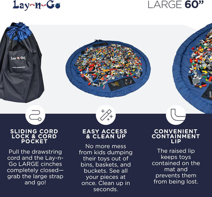 Lay-n-Go 2-in-1 Small Portable Drawstring Toys Storage Organizer and Play Mat for Room and Travel, Made for Kids and Toddlers with a Durable Patented Design