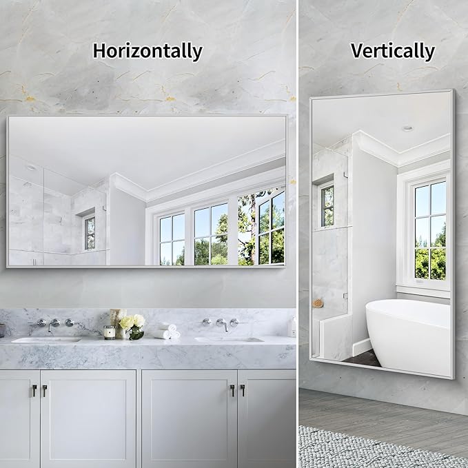 30x55In Silver Bathroom Mirror for Wall, Brushed Nickel Rectangle Mirrors