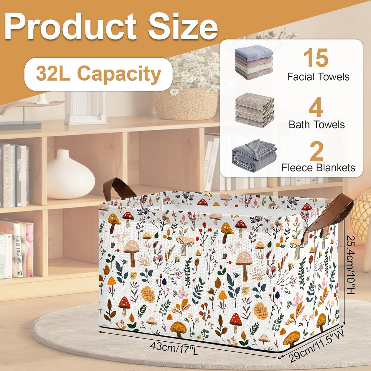 Decorative 32L Mushroom Storage Bins with Handles, Organization and Storage, Cube Storage Organizer for Hamper, Nursery