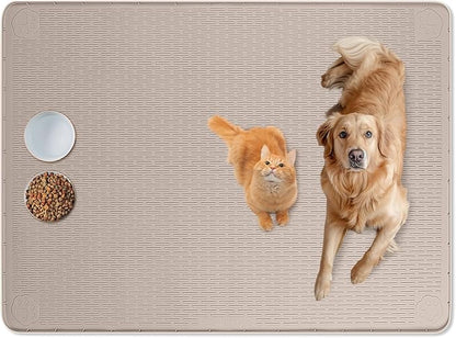 Bartuke Cat Food Mat, 50" x 35" Extra Large Silicone Pet Feeding Mat with Raised Edge Pet Placemat for Food and Water Bowl Non-Slip, Easy to Clean, Floor Protection (Khaki)